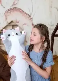 Дитяча плюшева м'яка іграшка, обіймашка для сну Кіт Батон 110 см сірий