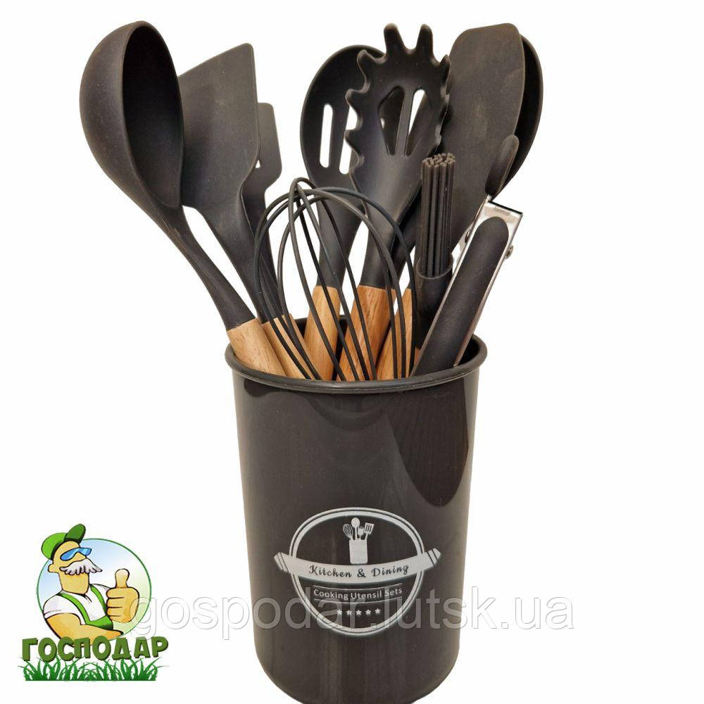 Силіконовий кухонний набір приладдя Kitchen Set 12 предметів (дерево+силікон) чорний, фото 1