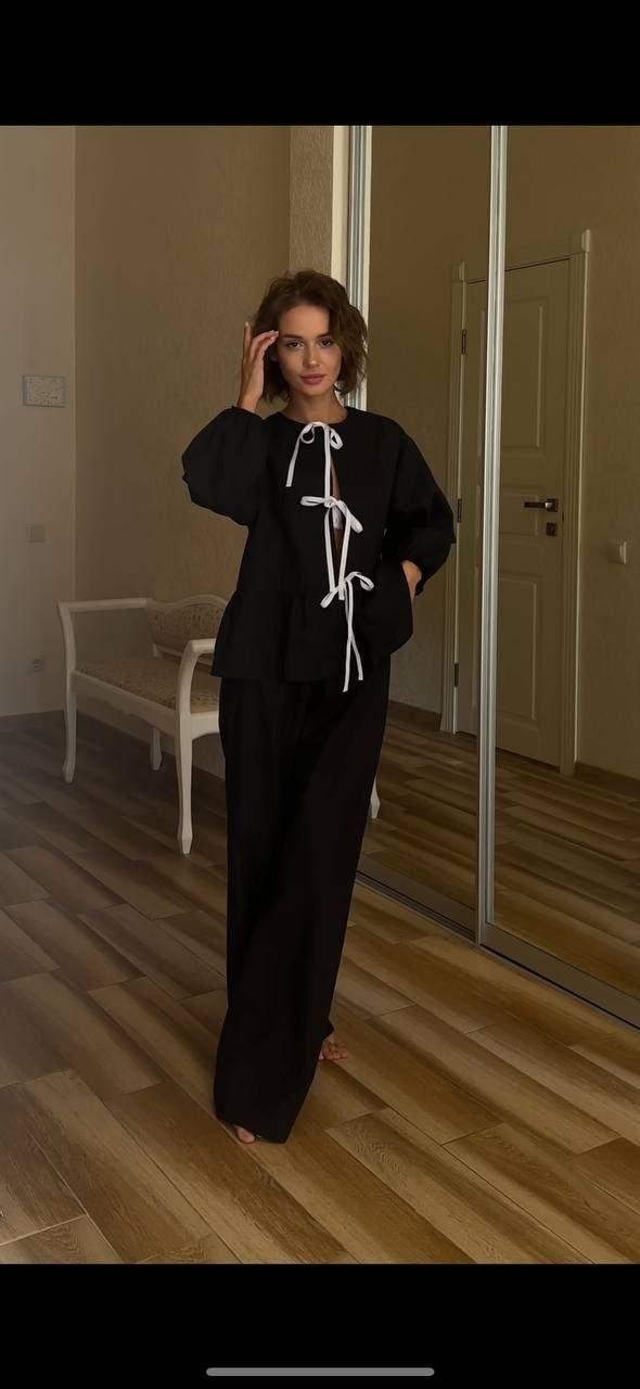 Жіночий натуральний лляний костюм Monaco в піжамному стилі для дому сну та відпочинку колір чорний, фото 1