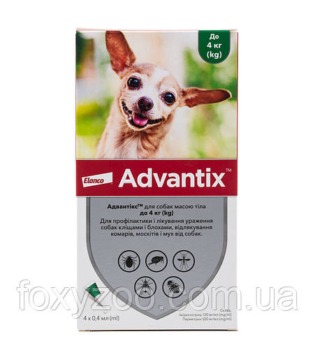 Elanco Advantix - капли (0,4 мл) на холку для защиты собак до 4 кг от ...