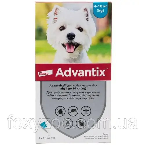 Капли Elanco Адвантикс от блох и клещей, для собак от 4 до 10 кг, 4 ...