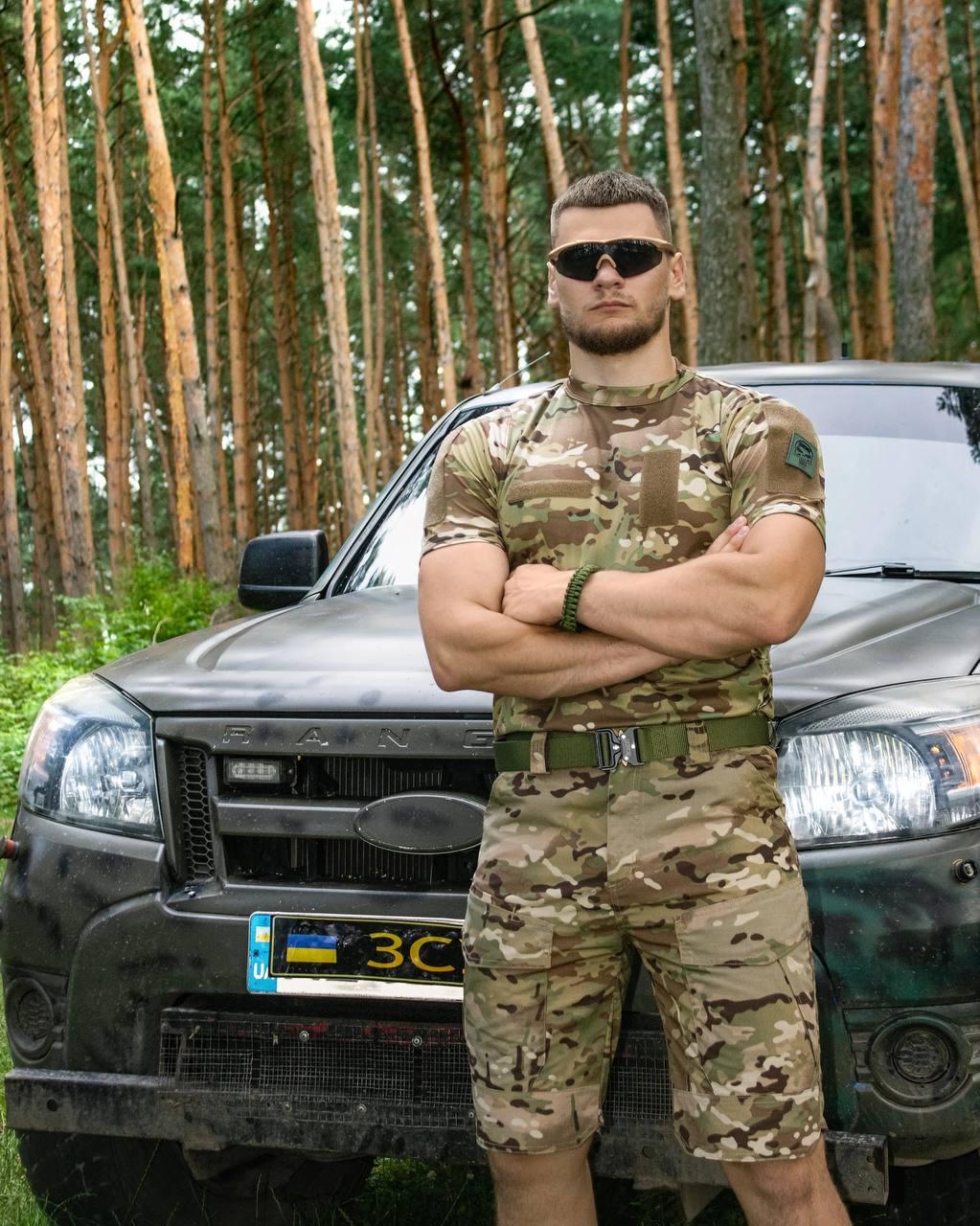 Літній тактичний чоловічий комплект мультикам (футболка швидкосохнуча, шорти карго)