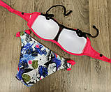 Купальник Червоний ліф з оборками плавки з квітами S роздільний жіночий стильний красивий верх та низ різних, фото 3