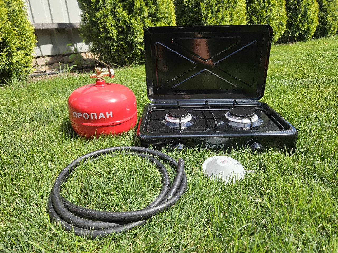 Комплект газова плита Ferre O-200-BL 2-х конфоркова з кришкою балон 5л редуктор шланг