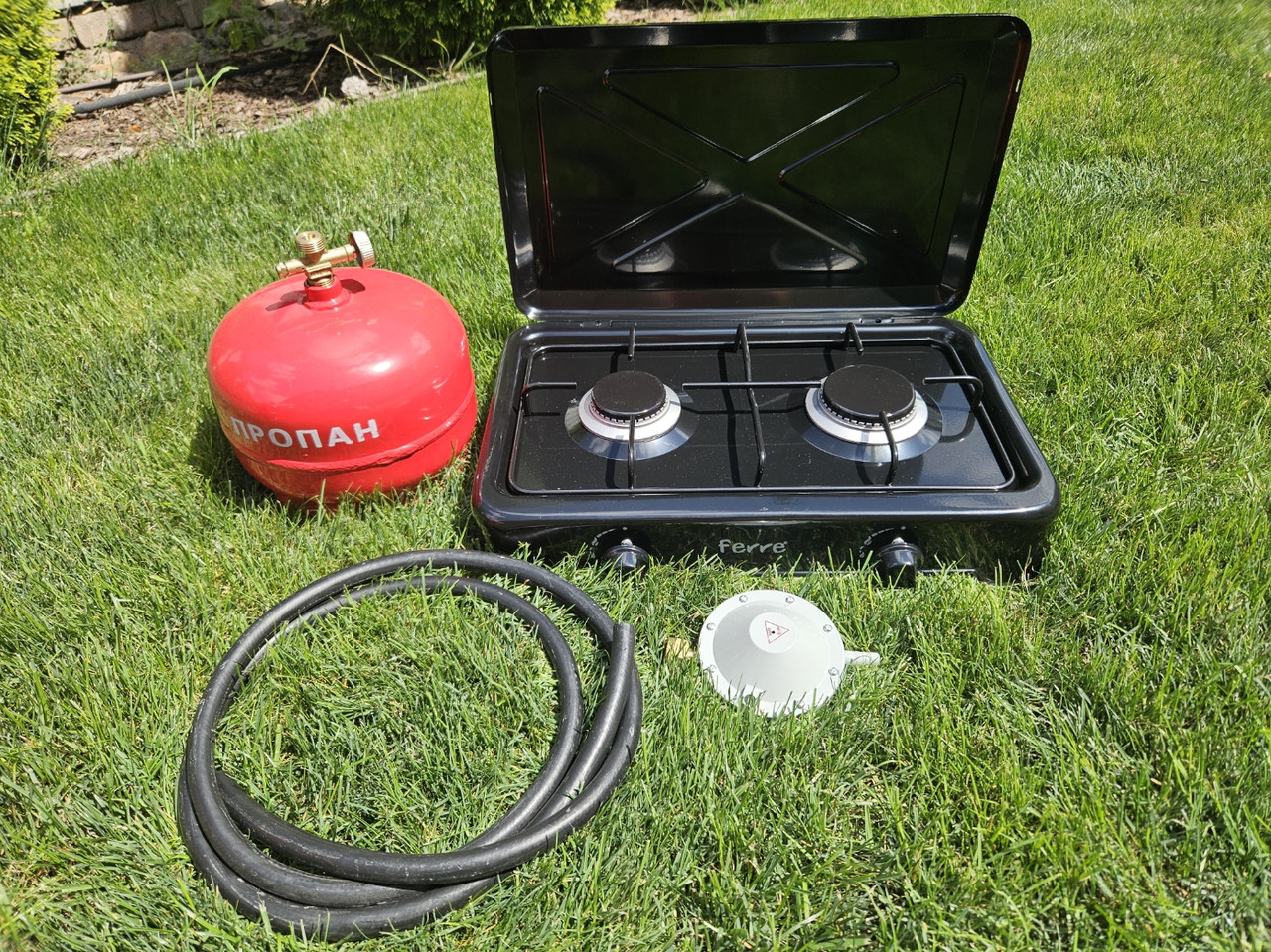 Комплект газова плита Ferre O-200-BL 2-х конфоркова з кришкою балон Intertool 5л редуктор шланг, фото 1
