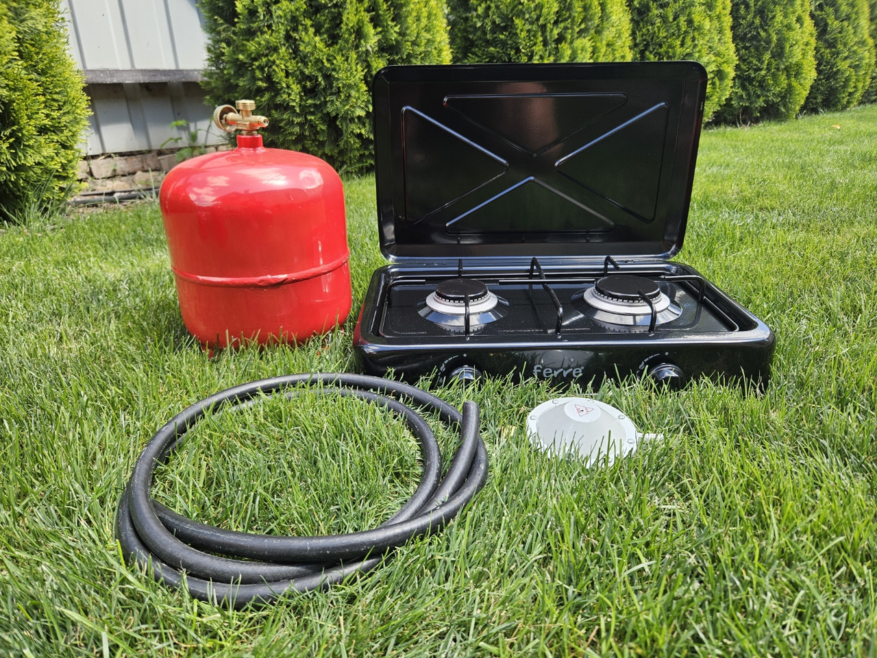 Комплект газова плита Ferre O-200-BL 2-х конфоркова з кришкою балон 8л редуктор шланг, фото 1