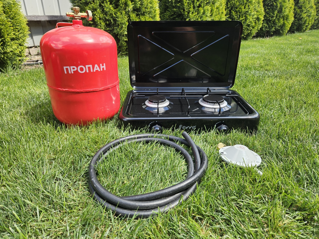 Комплект газова плита Ferre O-200-BL 2-х конфоркова з кришкою балон 12л редуктор шланг, фото 1