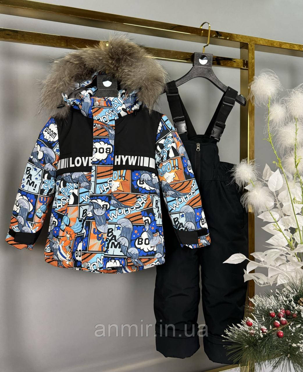 Комбінезон дитячий зимовий із курткою ПРИНТ для хлопчика 2-6 років, чорний із синім