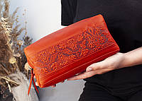 Большая кожаная косметичка женская Красная с тиснением Герб Украины Тризуб с Калиной