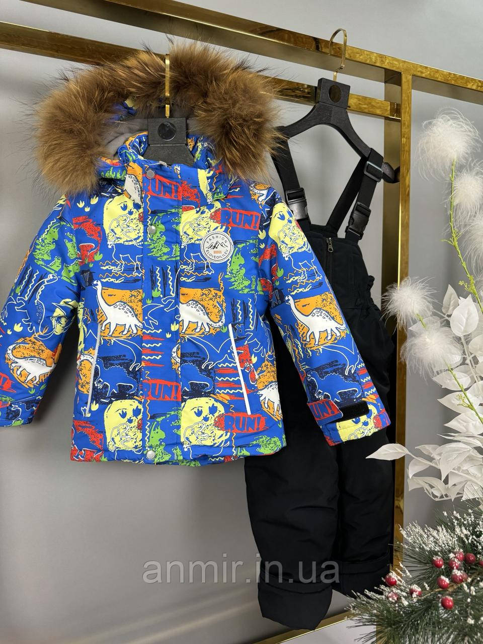 Комбінезон дитячий зимовий із курткою ПРИНТ для хлопчика 2-6 років, чорний із синім