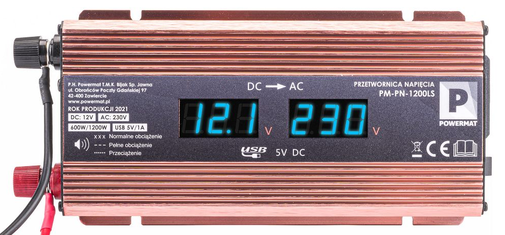 Інверторний перетворювач напруги 12 В, 1200 Вт, з дисплеєм Powermat PM1062 автомобільний