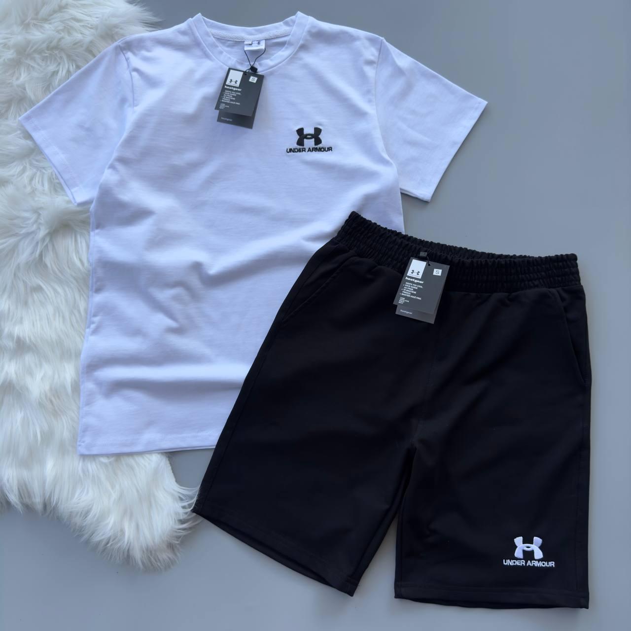 Чоловічий літній костюм Under Armour Футболка + Шорти білий з чорним Комплект Андер Армор на літо