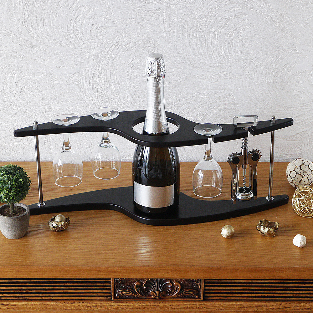 Подарунковий настільний міні бар-підставка "Зигзаг" для алкоголю з 3 келихами та штопором у наборі, фото 1