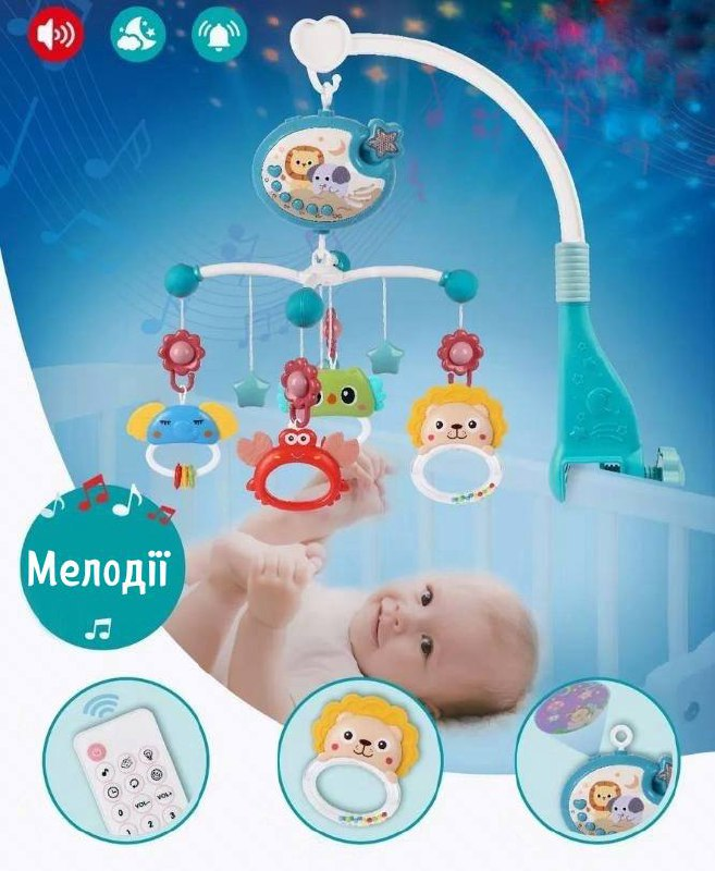 Музичний проектор мобіль-нічник 698-84-85 карусель з підвісними елементами Блакитний з пультом