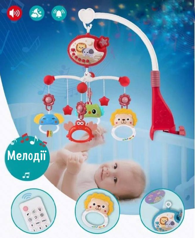 Музичний проектор мобіль-нічник 698-84-85 карусель з підвісними елементами Рожева з пультом, фото 1