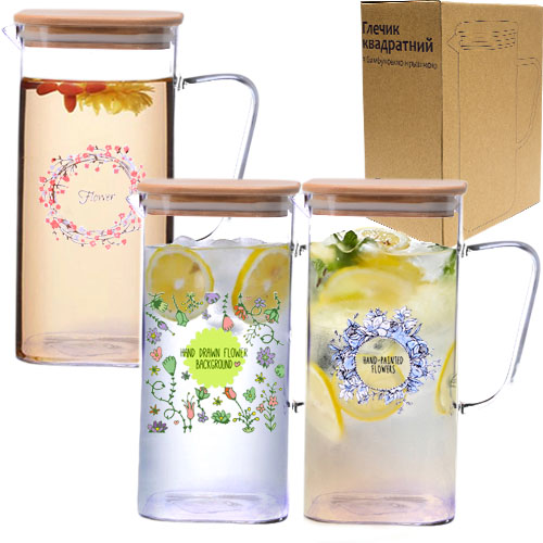 Глечик скло 1,7л квадратний з бамбуковою кришкою №9030-1/S&T/(12), фото 1