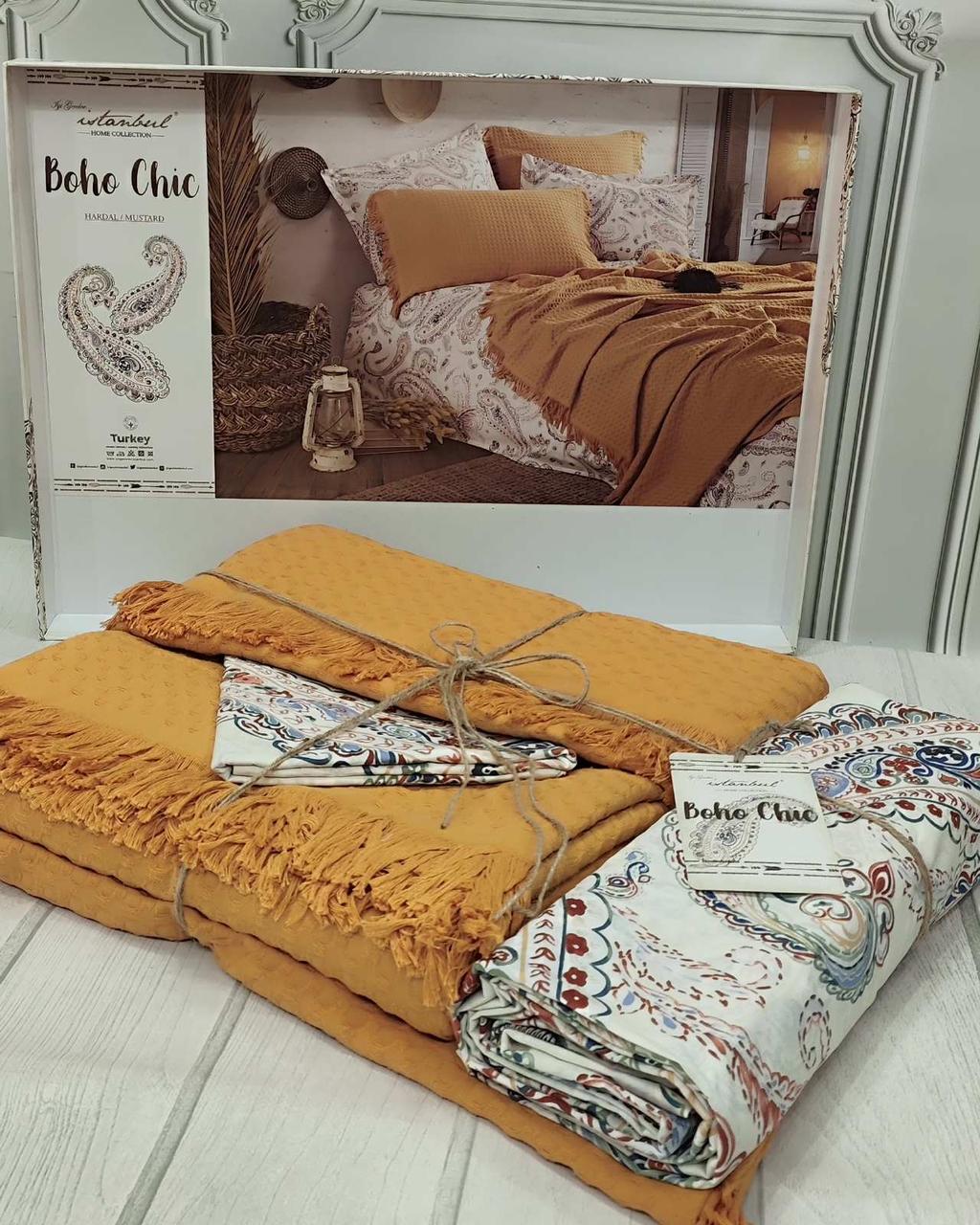 Постільна білизна з вафельним покривалом євро розмір Istambul Boho Chic гірчична, фото 1