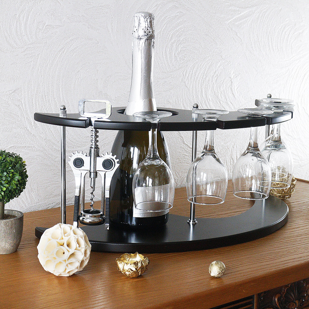 Подарунковий настільний винний міні бар-підставка для 1 пляшки з 5 келихами та штопором у наборі, фото 1