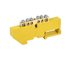 Шина земляна N/PE на DIN-рейку ШЛІ 6х9 6 отворів із ізолятором жовта