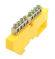 Шина земляна N/PE на DIN-рейку ШЛІ 6х9 8 отворів із ізолятором жовта