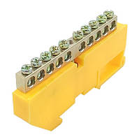 Шина земляна N/PE на DIN-рейку ШЛІ 6х9 10 отворів із ізолятором жовта