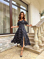 Стильное летнее женское платье миди в цветочек свободная юбка с разрезом открытые плечи на груди завязка