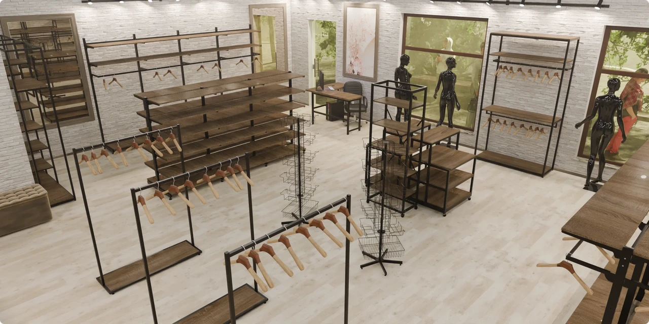 Візуалізація торгового обладнання для магазину одягу