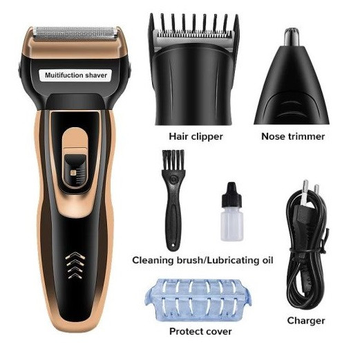 Чоловічий набір Geemy GM-595 3в1 для догляду за волоссям, бородою, триммер для носа, бритва, 3 насадки, фото 1