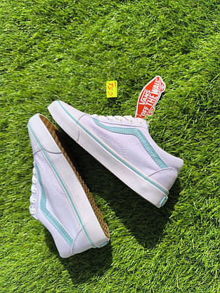 СКИДКА 37р Кеди БІЛІ з блакитною смугою Vans Old Skool WHITE / Light Blue кросівки 2024 унісекс, фото 3