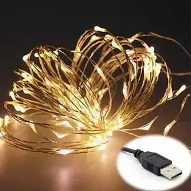 Гірлянда проти батарейок і USB-колір тепло білий 100 Led 10m на мідному дроті (Крапля роси) iC227