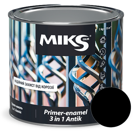 Miks грунт-емаль по металу антикорозійна "3 в 1" антік чорна, 0,75л, фото 1