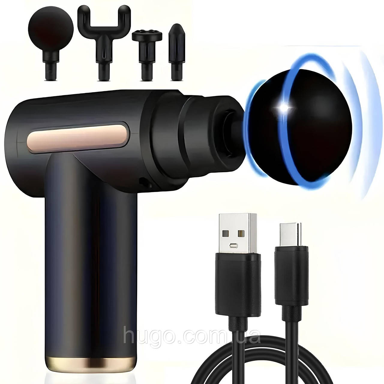 Ручной массажер перкуссионный + 4 насадки, с USB, Gun Massager ...