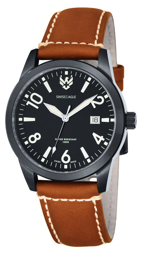 Класичний чоловічий швейцарський наручний годинник з круглим корпусом і шкіряним ремінцем "Field" від Swiss Eagle, фото 1
