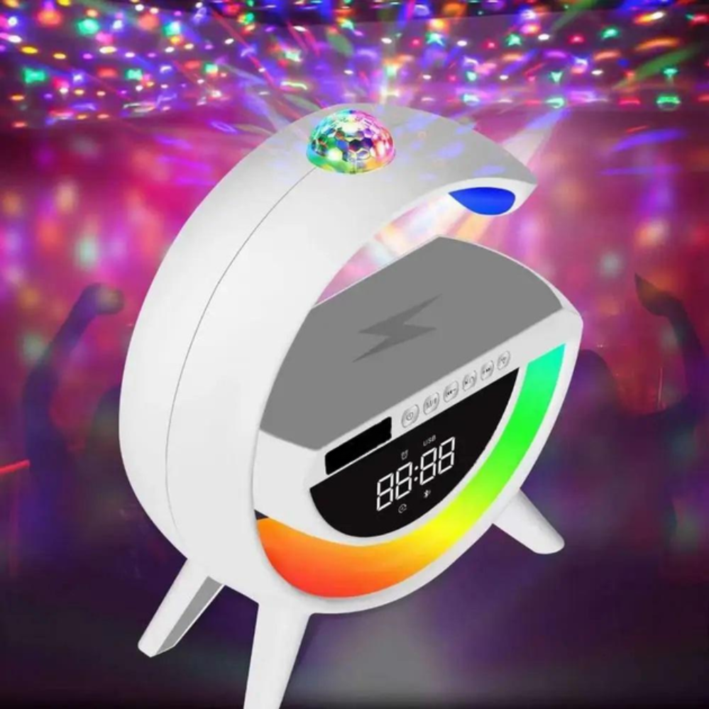Нічник акумуляторний з бездротовою зарядкою годинником 7RGB лампа BT3402 колонка Bluetooth проектор та радіо 15W