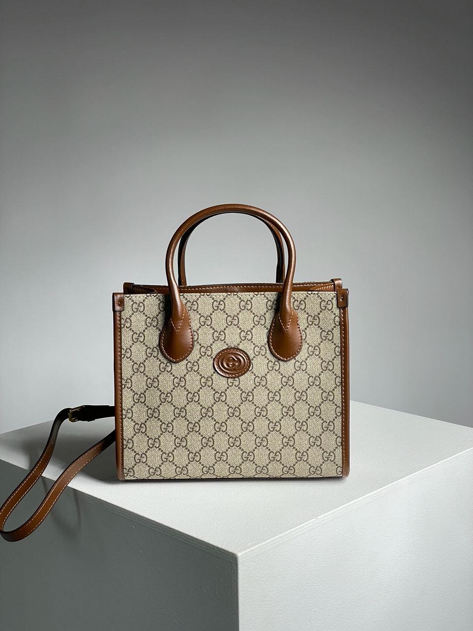 Жіноча сумка Гуччі коричнева Gucci Brown Ophidia Leather-Trimmed Monogrammed