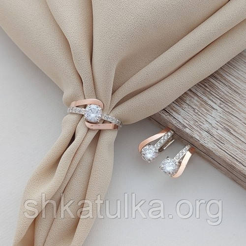 Набір срібний із золотими напайками та білими круглими цирконами різного розміру, фото 1