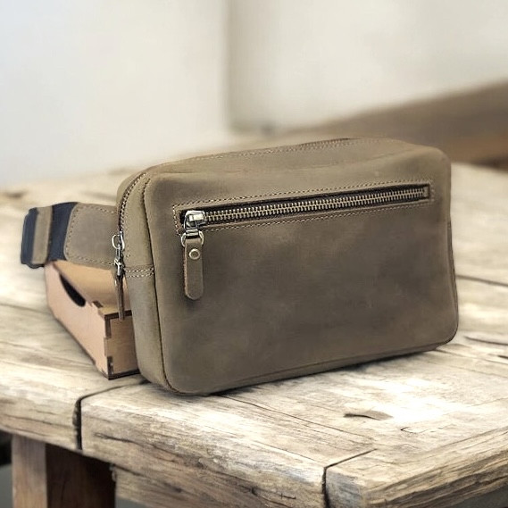 Чоловіча шкіряна сумка-бананка GS оливкова хакі, фото 1