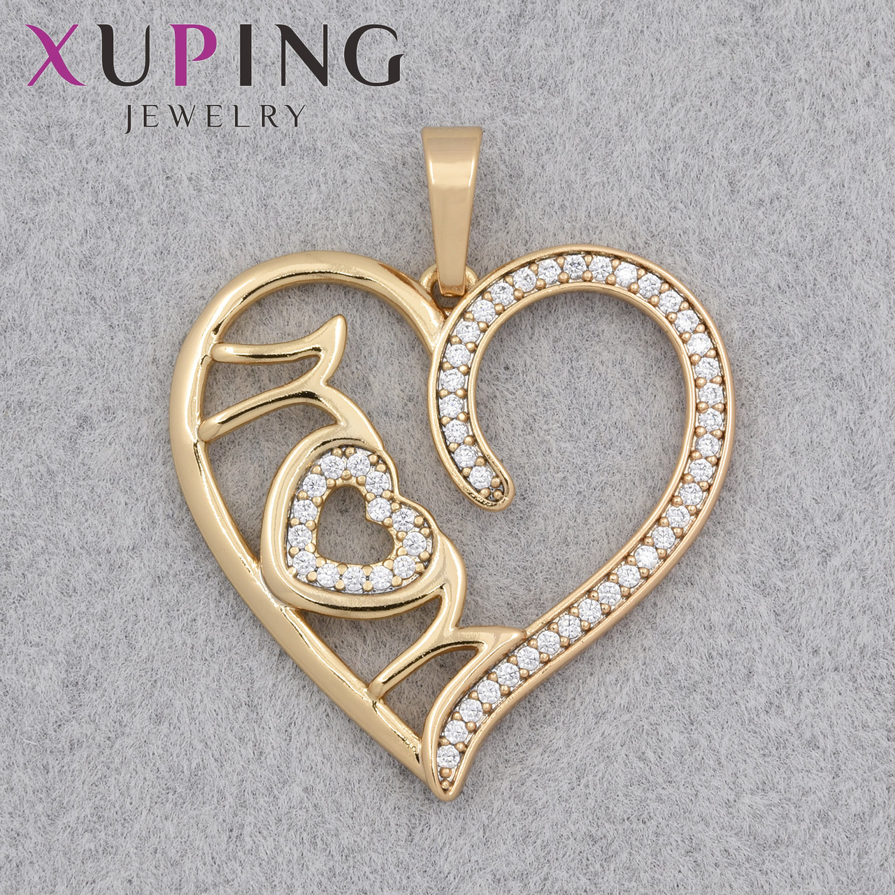 Кулон жіночий Xuping Jewelry медичне золото серце з написом і білими стразами розмір виробу 30х30 мм