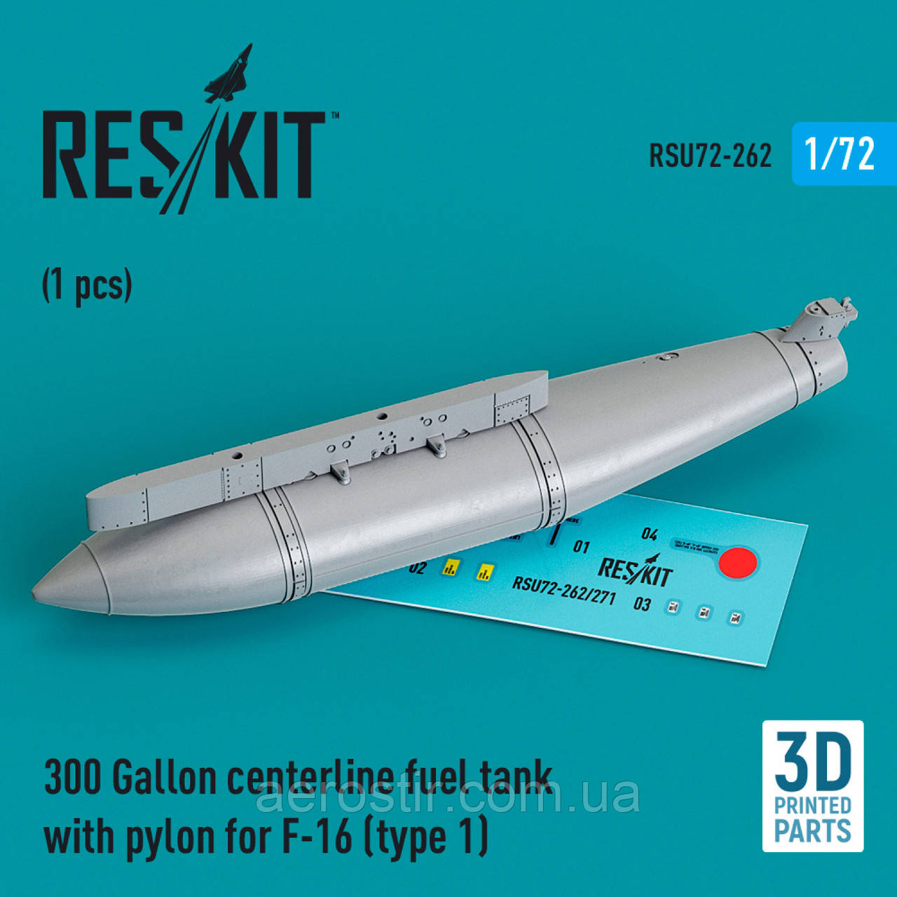 ЦЕНТРАЛЬНИЙ ТОПЛИВНИЙ БАК НА 300 ГАЛЛОНОВ З ПІЛОНОМ ДЛЯ F-16 (ТИП 1) 1/72 RES KIT 72-262