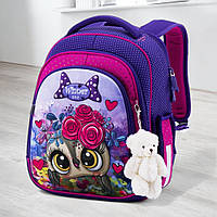 Каркасний рюкзак шкільний SkyName дівчаткам 1-2 клас/ Ортопедичний фіолетовий портфель з совою дітям першокласникам до школи