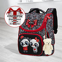 Ранець SkyName дівчинці для школи 1 клас + ПОДАРУНОК/ Дитячий портфель з пандою/ Шкільний каркасний рюкзак для першокласників