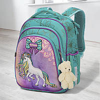 Каркасний рюкзак шкільний SkyName дівчаткам 1-2 клас/ Ортопедичний бірюзовий портфель з єдинорогом для першокласників для школи