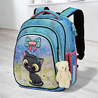 Каркасний рюкзак шкільний SkyName дівчаткам 1-2 клас Ортопедичний блакитний портфель з котиком дітям першокласникам для школи