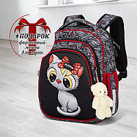 Каркасний рюкзак шкільний SkyName дівчаткам 1-2 клас + ПОДАРУНОК/ Чорний портфель з котиком дітям першокласникам для школи