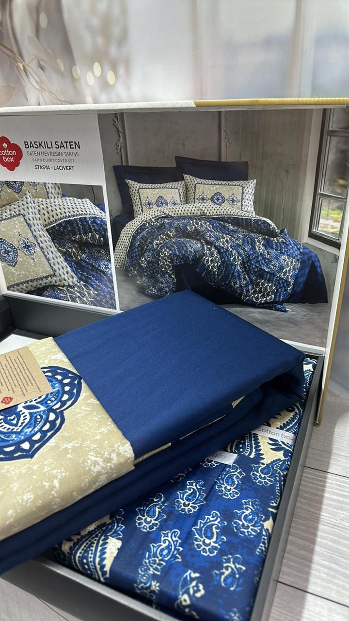 Постільна білизна сатинова євро розмір Cotton Box Stasya Lacivert, фото 1