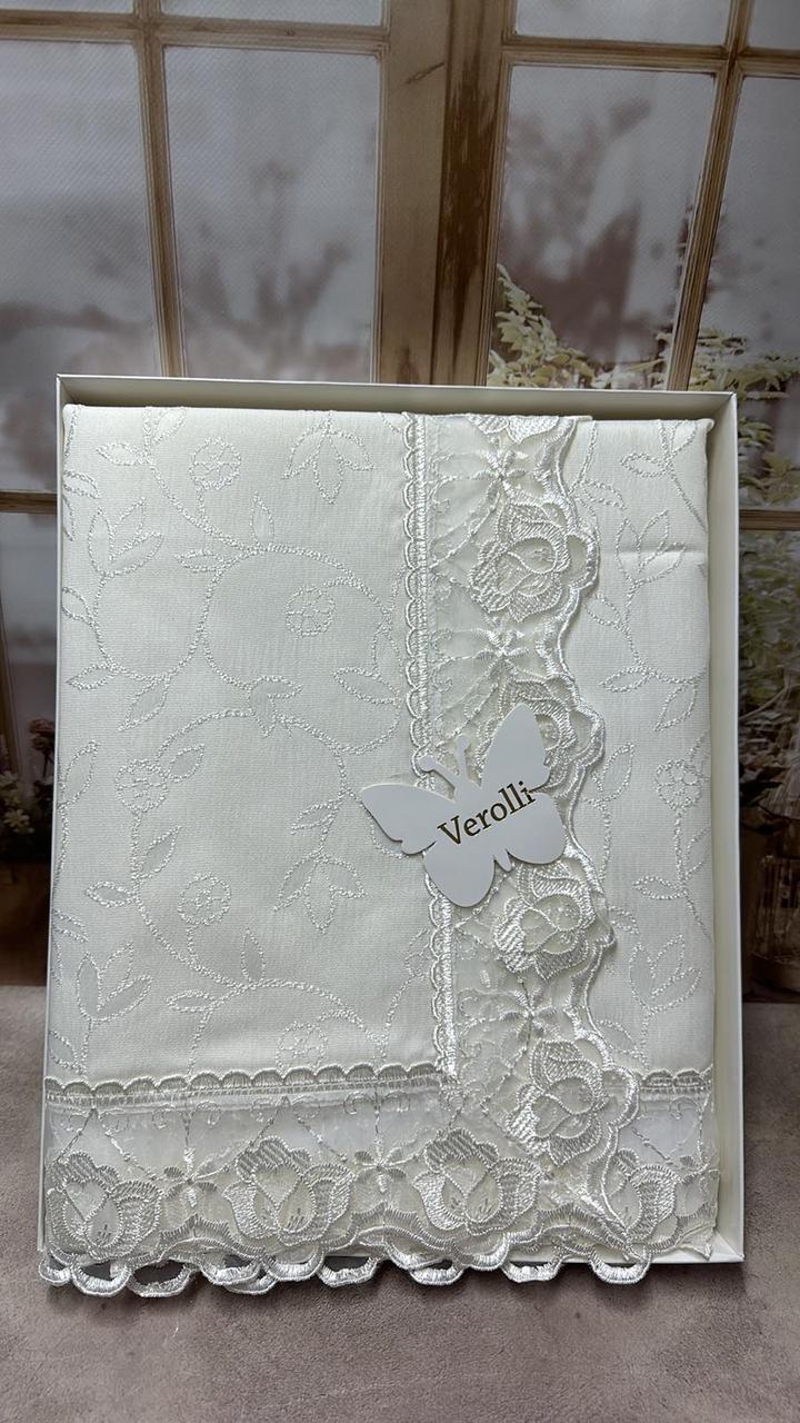 Скатертина прямокутна мереживна 110 на 160 см плямостійка Verolli кремова 03, фото 1