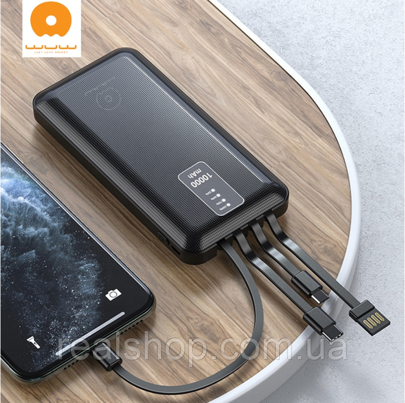 Зовнішній акумулятор WUW U39 10000 mAh 1 USB, 2 A, кабелю: Lightning, Type-C, Micro USB, BLACK
