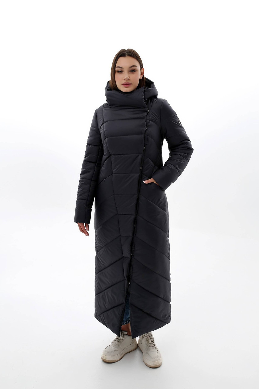 Зимовий молодіжний довгий пуховик темно-синього кольору, фото 1