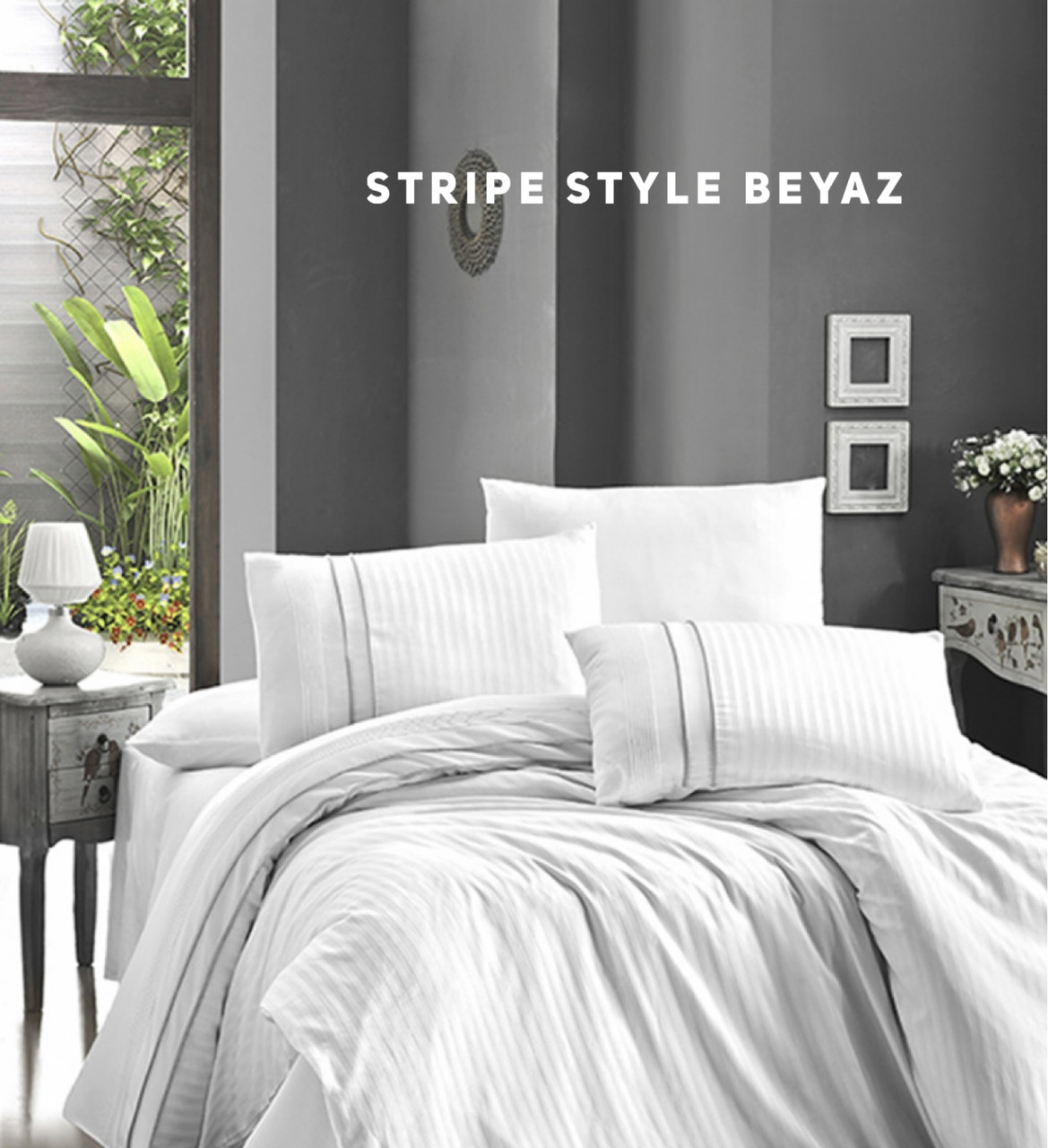 Постільна білизна сатин Delux євро розмір First Choice Stripe style beyaz, фото 1