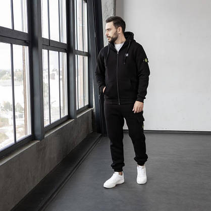 Мужской спортивный костюм черный Stone Island костюм теплый осень-зима на флисе с капюшоном молодежный модный, фото 5